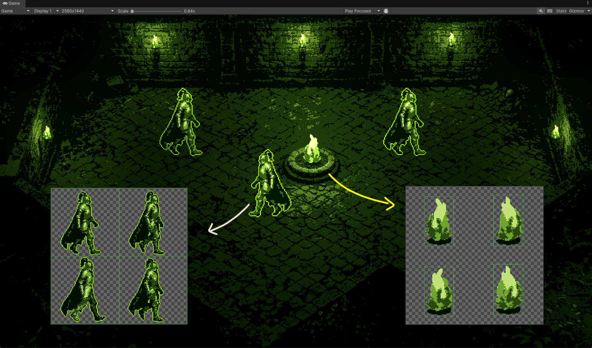 A converted scene with its knight and fire sprite sheets called out