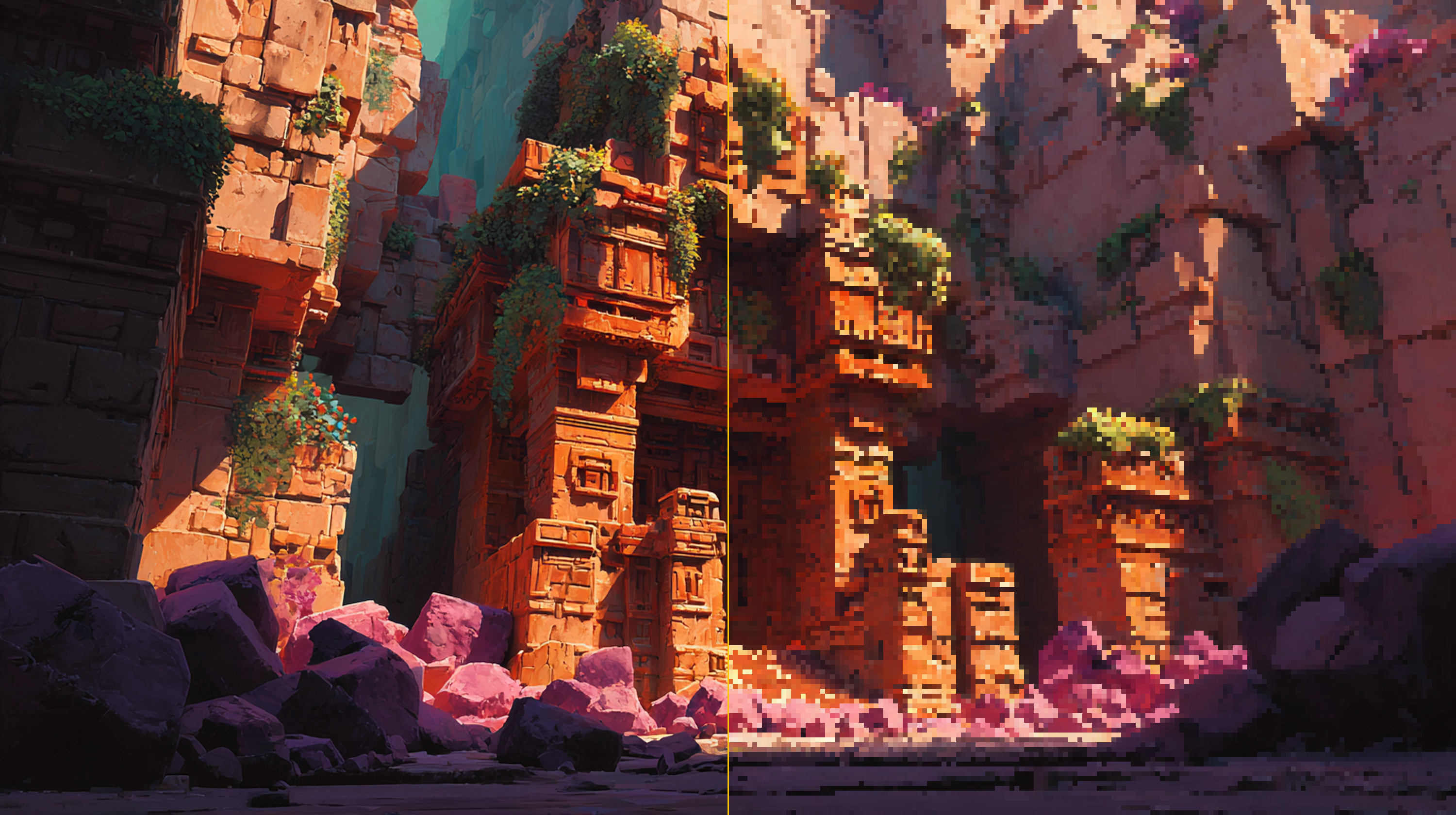 Painterly sci-fi landscape, left original, right pixelated