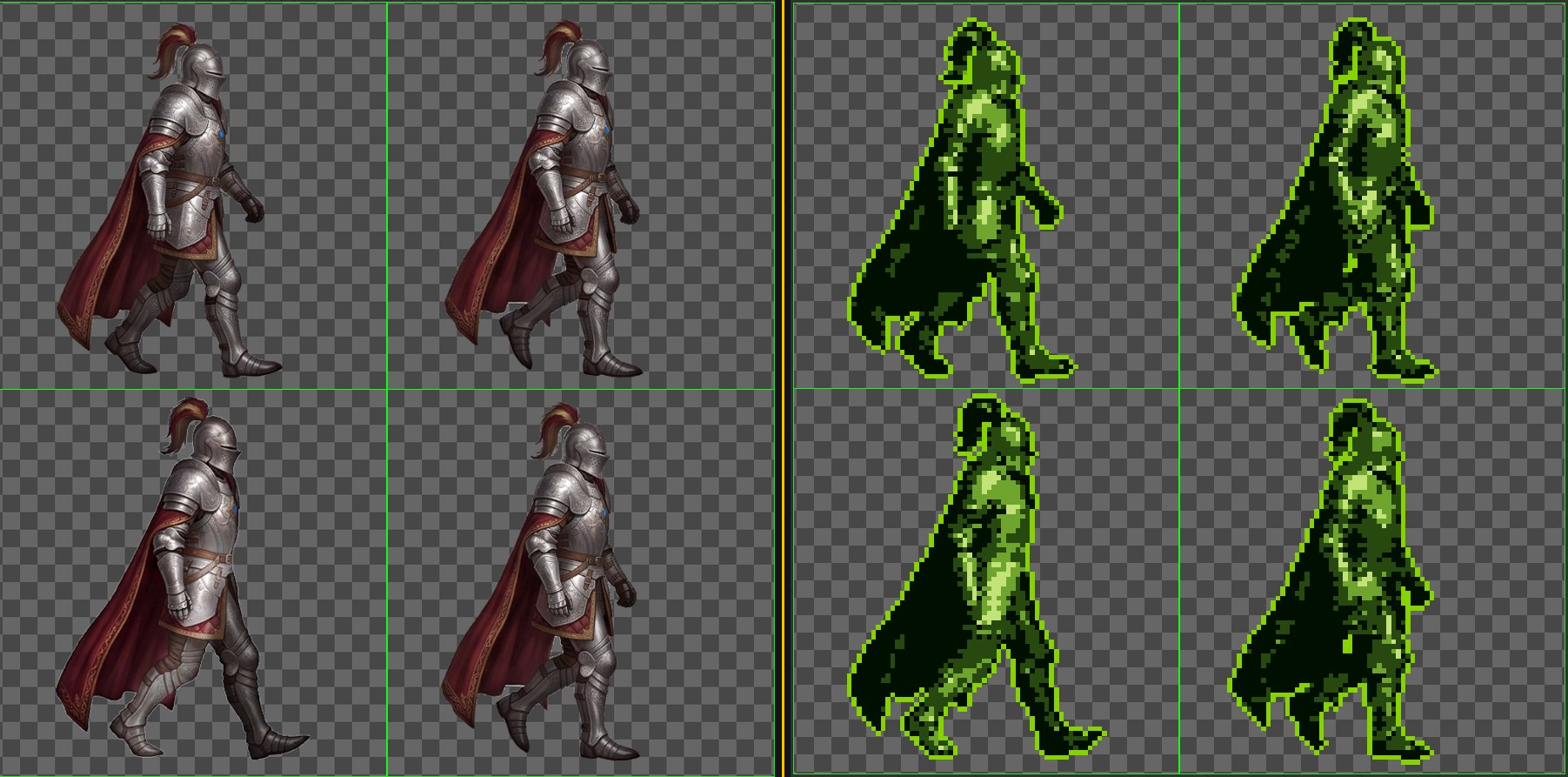 Walk-cycle sprite sheet before and after conversion, Unity cell slices visible on both