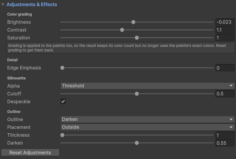 Color grading, detail, silhouette and outline controls.