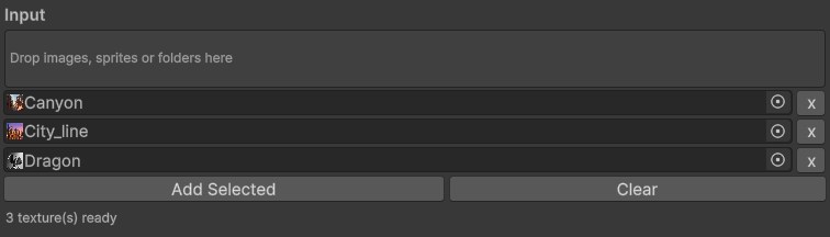 The Input section: drop images, sprites or whole folders, and the counter shows what will be converted.