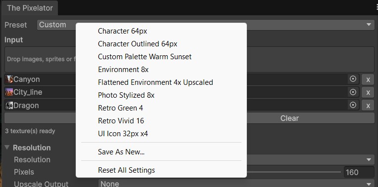 The Preset bar: save, load and update complete configurations.