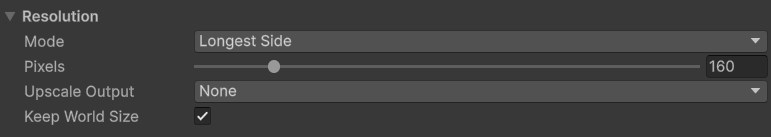 The Resolution section: how big the pixel art comes out, and how it scales in your scene.