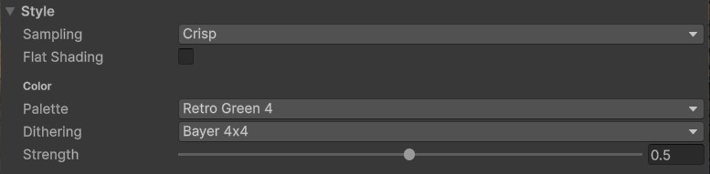 The Style section: sampling, flat shading, palette and dithering.